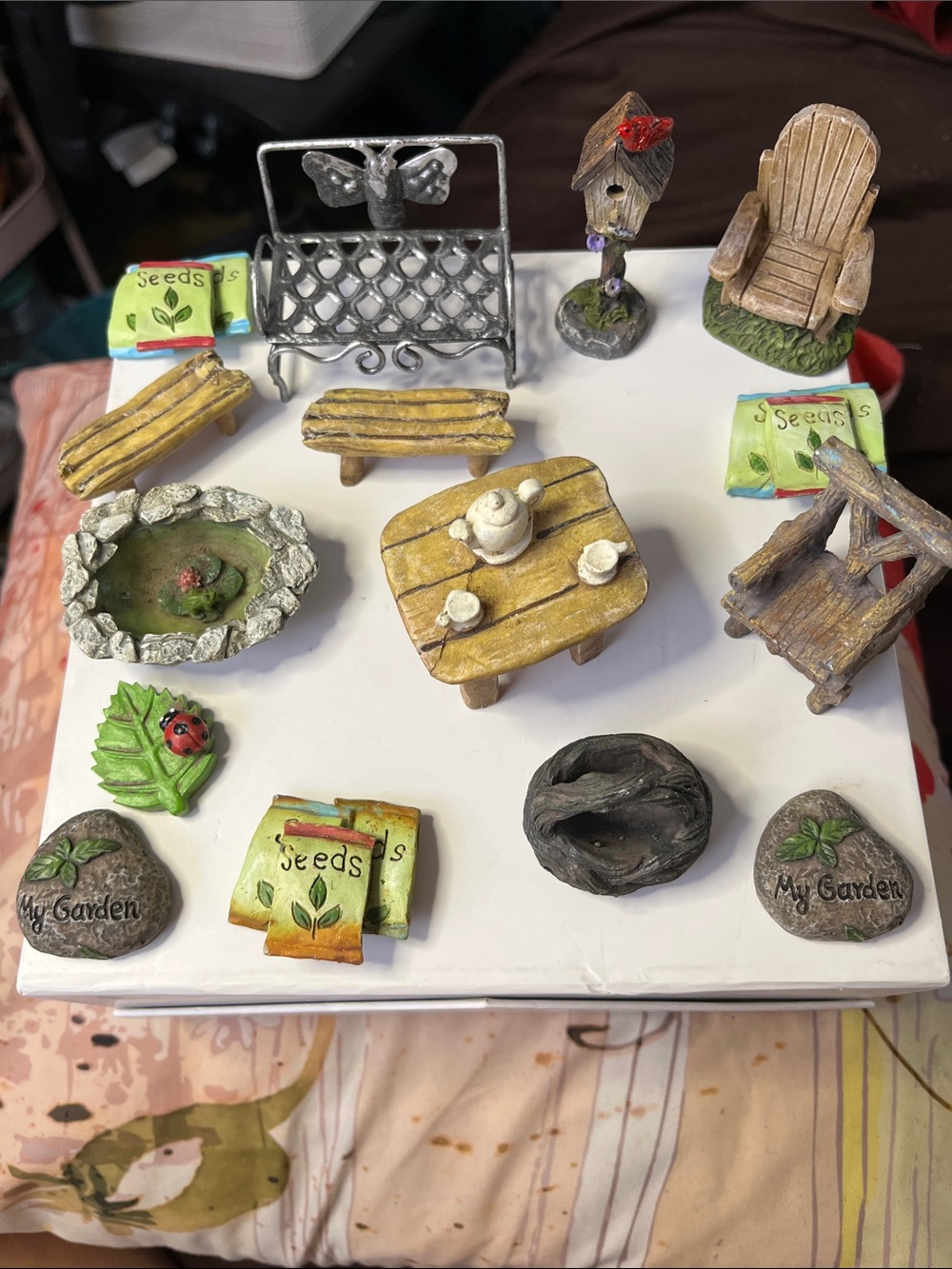 Hand Crafted Miniature Garden Set with Yellow Table and Green Accents